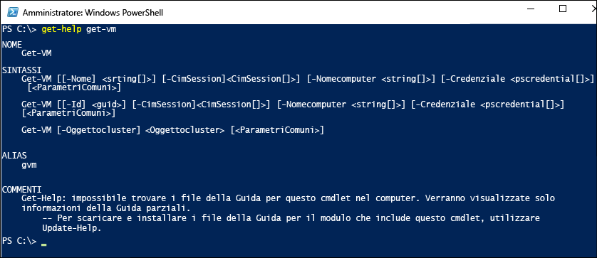 Screenshot della schermata Amministratore di Windows Power Shell, che mostra l'output di come strutturare i comandi.