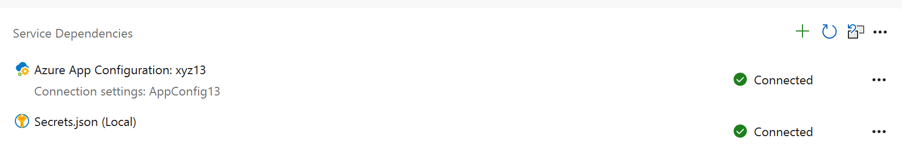 Screenshot della sezione delle dipendenze del servizio che mostra la connessione di Azure App Configuration.