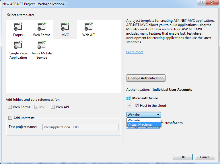 finestra di dialogo Crea progetto Web ASP.NET