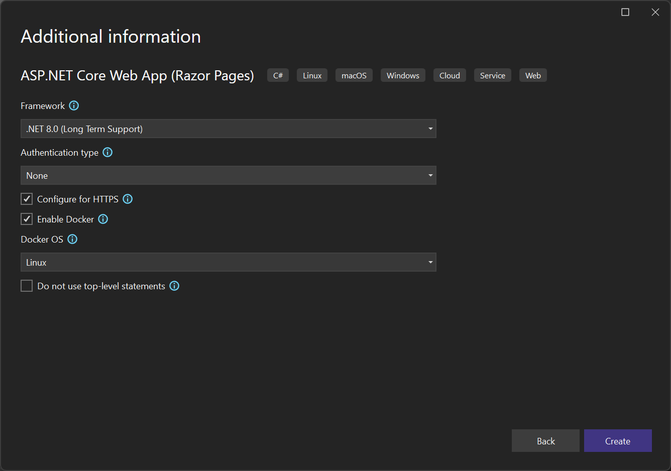 Screenshot della casella di controllo Abilita supporto Docker.