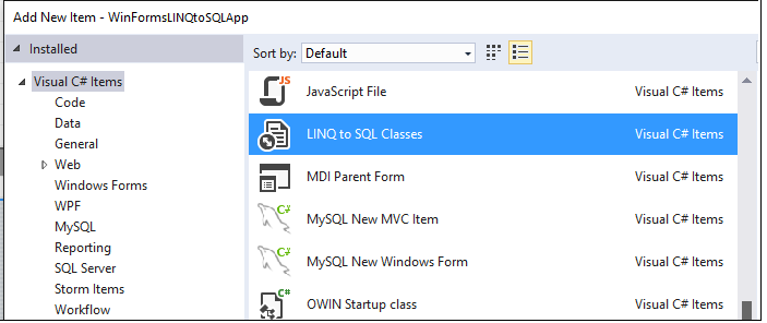 screenshot che mostra le classi LINQ to SQL.