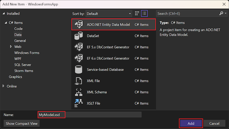 Screenshot che mostra come creare un nuovo ADO.NET Entity Data Model usando la finestra di dialogo Aggiungi nuovo elemento.