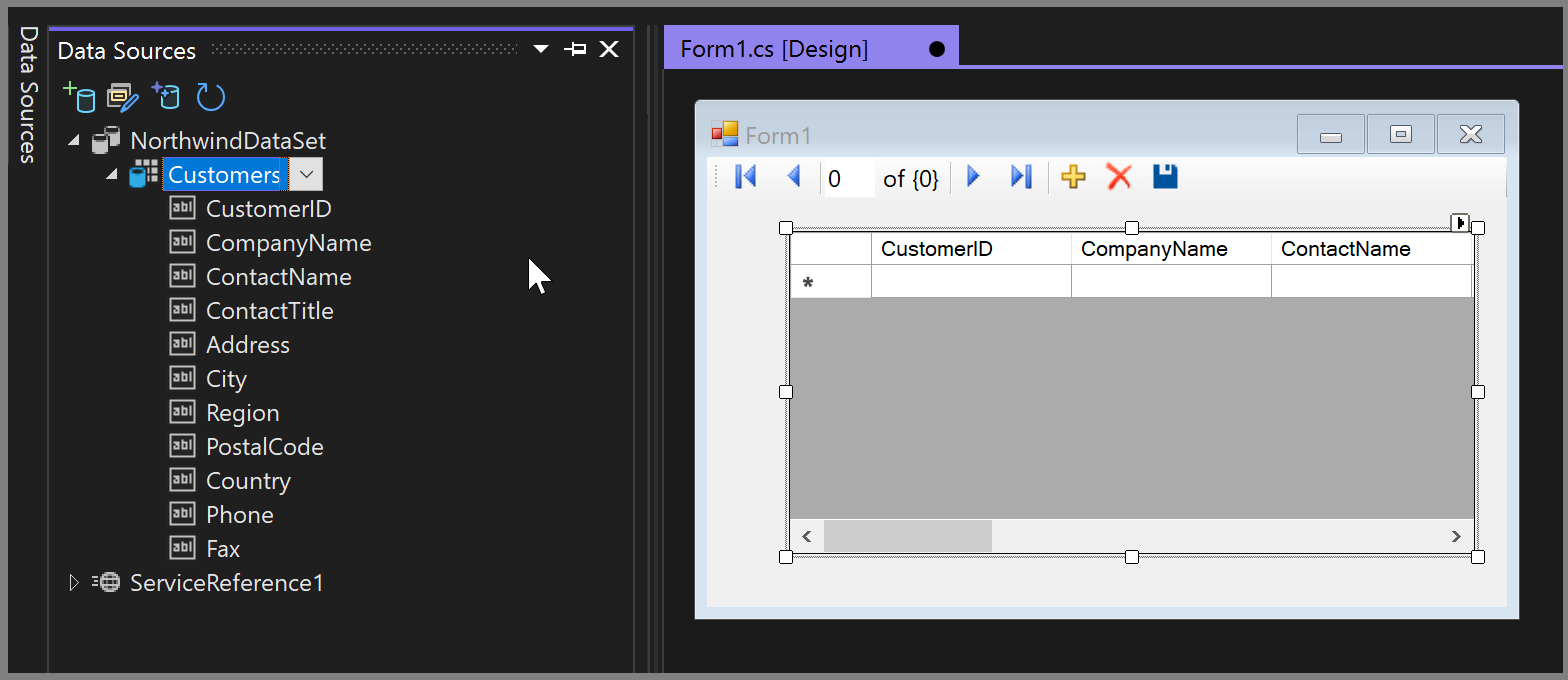 Screenshot che mostra come trascinare un set di dati in un Windows Form in Visual Studio 2022.