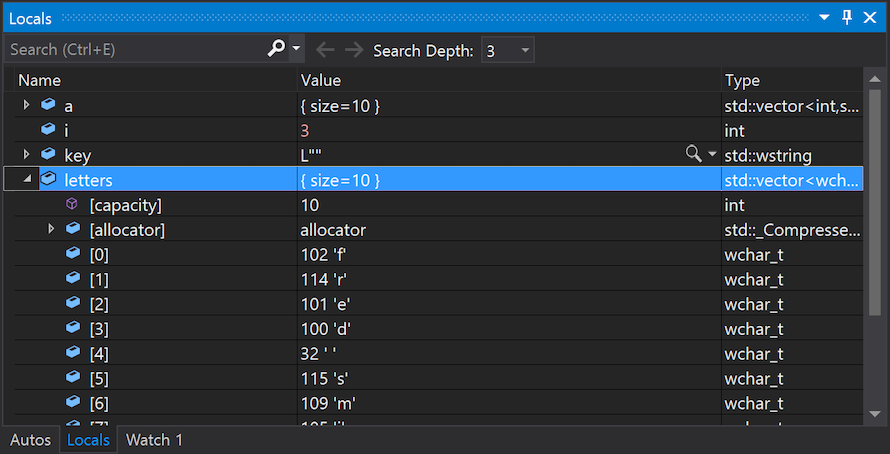 Screenshot che mostra come esaminare variabili e valori nella finestra Locals in Visual Studio.