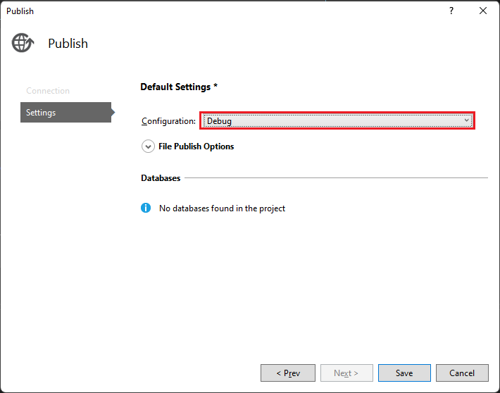Screenshot della scheda Impostazioni della finestra di dialogo Pubblica. La configurazione è impostata su Debug e viene selezionato il pulsante Pubblica.