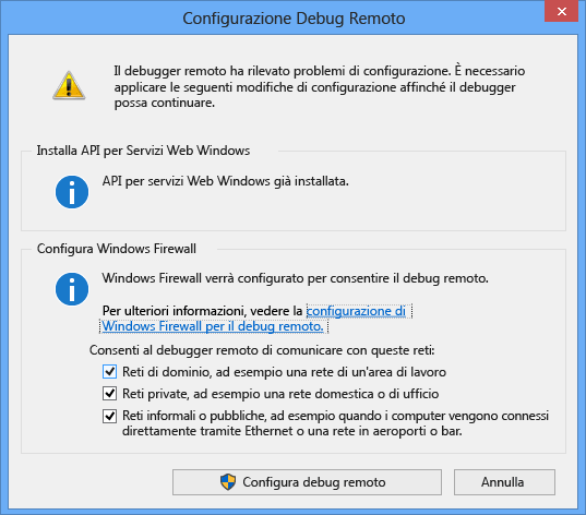 Screenshot della configurazione del debugger remoto.