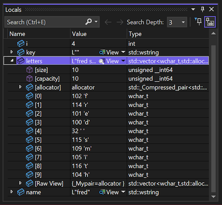 Screenshot che mostra come esaminare variabili e valori nella finestra Variabili locali in Visual Studio 2022.