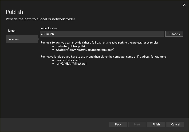 Screenshot della finestra di dialogo Seleziona destinazione di pubblicazione in Visual Studio con la cartella 'C:\Pubblica' selezionata come destinazione di pubblicazione.