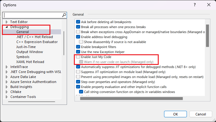 Screenshot delle impostazioni di debug di Visual Studio.