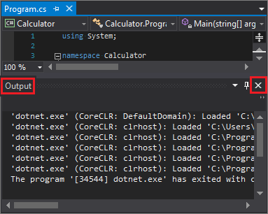 Screenshot che mostra la chiusura del riquadro Output in Visual Studio.