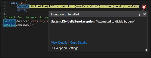 Screenshot dell'editor di codice di Visual Studio che mostra una riga evidenziata in giallo e un errore di eccezione non gestito per 'Tentativo di divisione per zero'.