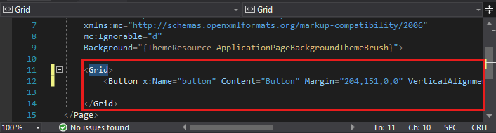 Screenshot che mostra il codice per il pulsante appena aggiunto evidenziato nell'editor XAML.