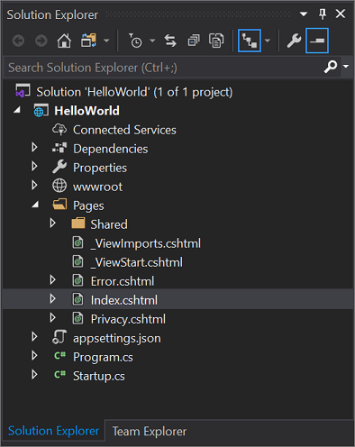 Screenshot che mostra il file Index.cshtml selezionato nel nodo Pages in Esplora Soluzioni.