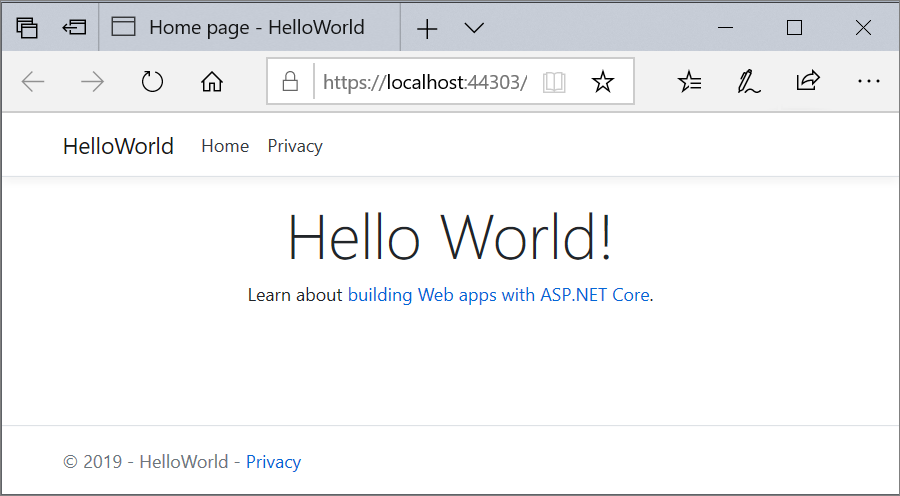 Screenshot mostra la home page dell'app Web nella finestra del browser. Il testo aggiornato dice Hello World!