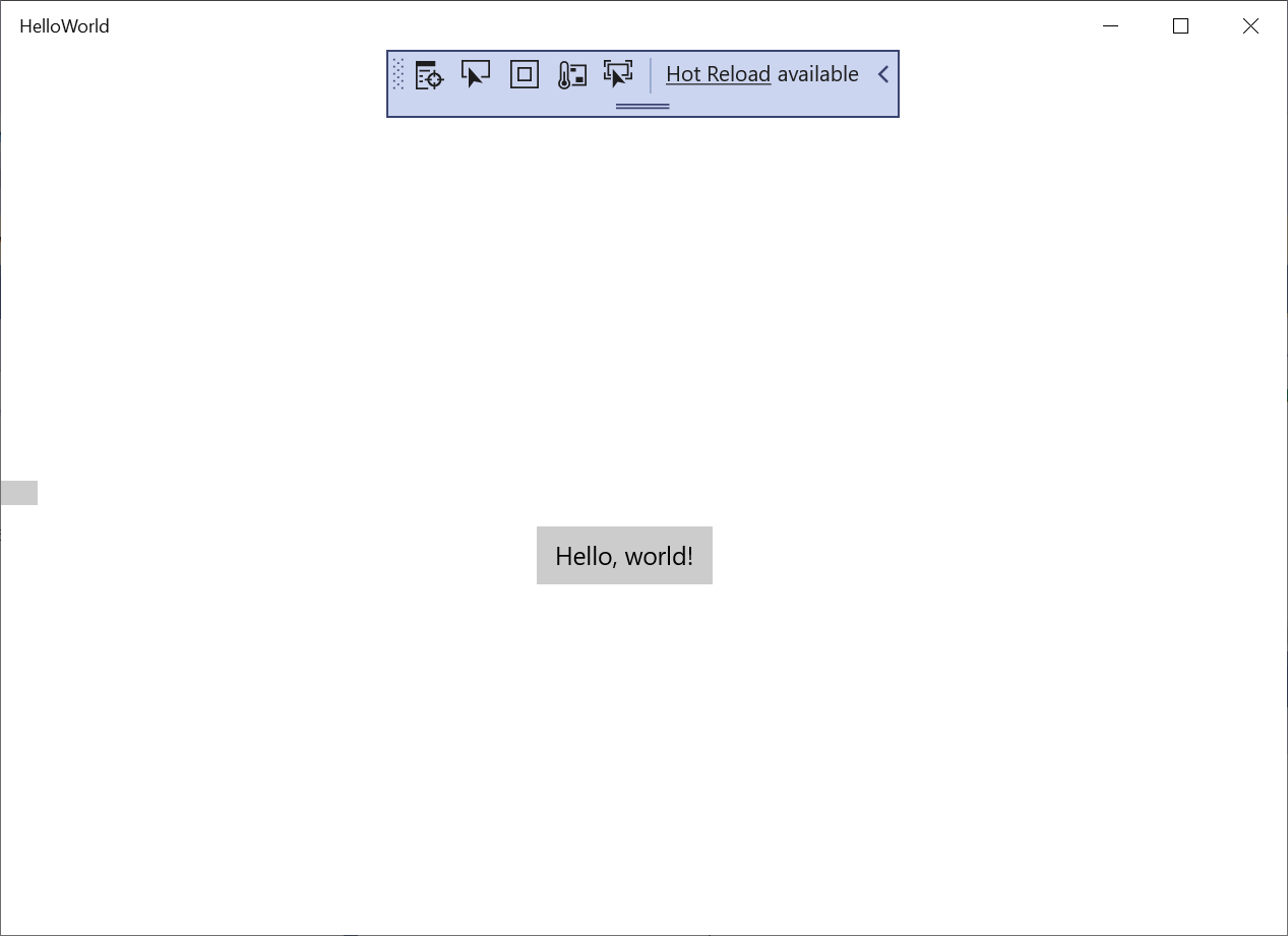 Screenshot che mostra l'applicazione UWP 'Hello World' in esecuzione.