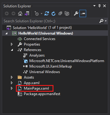 Screenshot della finestra Esplora soluzioni che mostra le proprietà, i riferimenti, gli asset e i file nel progetto HelloWorld con il file MainPage.xaml selezionato.