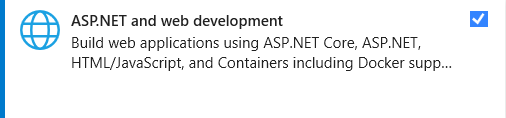 Screenshot shows the ASP.NET and web development workload in the Visual Studio Installer.