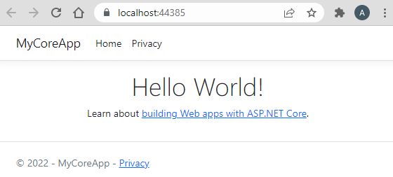 Screenshot mostra la home page dell'app Web nella finestra del browser. Il testo aggiornato indica 'Hello World!'