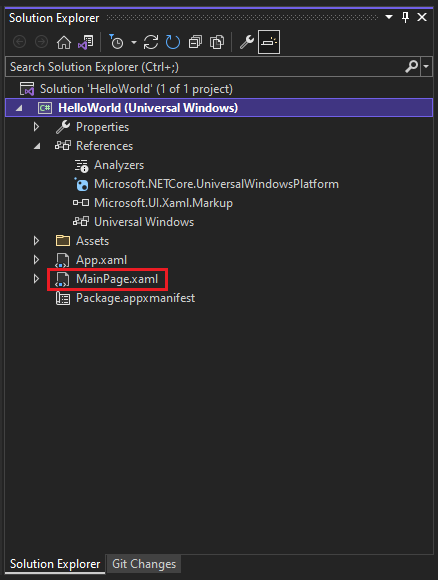 Screenshot della finestra Esplora soluzioni che mostra le proprietà, i riferimenti, gli asset e i file nel progetto HelloWorld. Il file MainPage.xaml è selezionato.