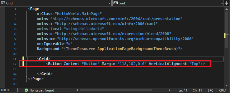 Screenshot che mostra il codice per il pulsante appena aggiunto evidenziato nell'editor XAML.