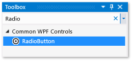 Screenshot della finestra casella degli strumenti con il controllo RadioButton selezionato nell'elenco controlli WPF comuni.