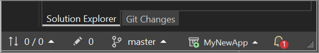 Screenshot della barra di stato del repo sotto il riquadro Esplora soluzioni in Visual Studio.
