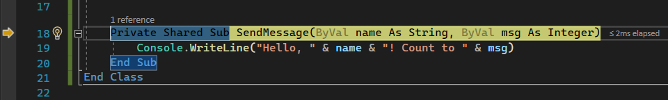 Screenshot showing a debug session in the Visual Studio Code editor with execution paused after stepping into the 'SendMessage' method.