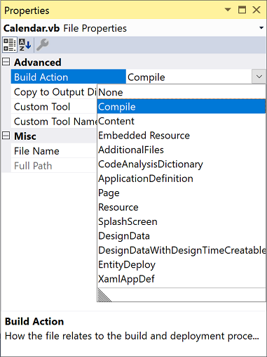 Azioni di compilazione per un file in Visual Studio