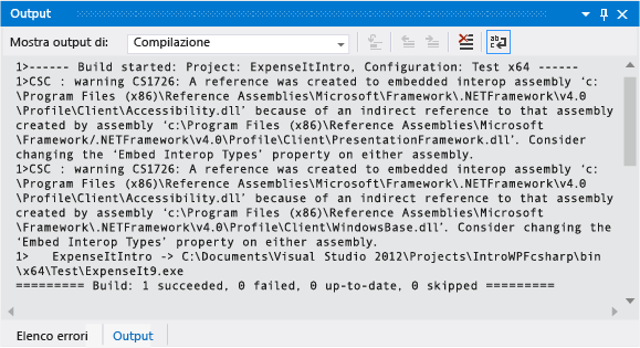 Screenshot of build warning in Output Window for C#.