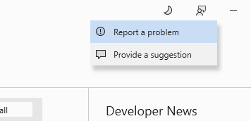 Screenshot che mostra l'icona del feedback selezionata nell'angolo in alto a destra del programma di installazione di Visual Studio e Segnala un problema selezionato nel menu di scelta rapida.