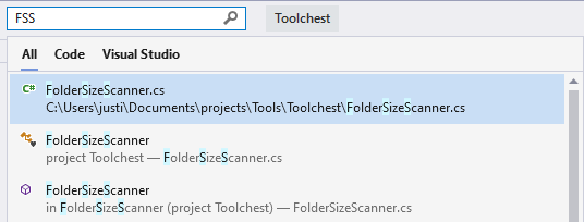 Screenshot di un esempio di ricerca che usa maiuscole multimediali in una stringa di testo nella ricerca di Visual Studio.