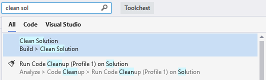 Screenshot di un esempio di ricerca di voci di menu e comandi di Visual Studio.