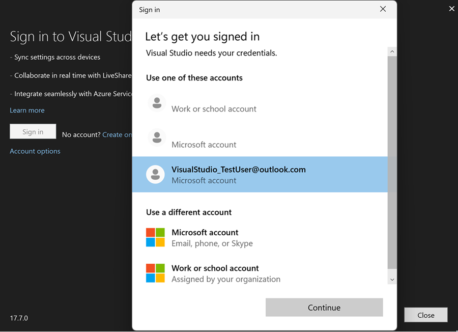 Aggiungere altri account a Visual Studio con il flusso di lavoro del broker di autenticazione di Windows.