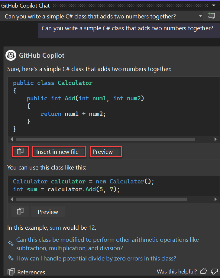 Screenshot delle opzioni per copiare il blocco di codice, inserire codice nel nuovo file o visualizzare in anteprima il codice per i suggerimenti di codice di Copilot Chat.