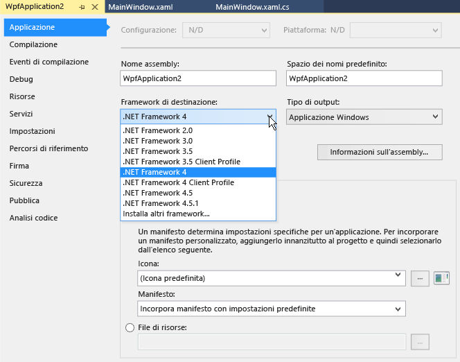 scheda Applicazione delle proprietà del progetto