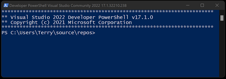 Screenshot dello strumento Developer PowerShell in Visual Studio 2022.