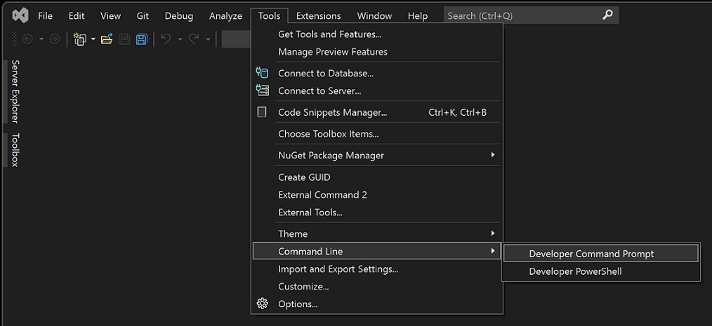 Screenshot del menu Riga di comando in Visual Studio 2022.