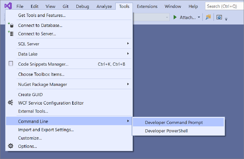 Screenshot del menu Riga di comando in Visual Studio 2019.