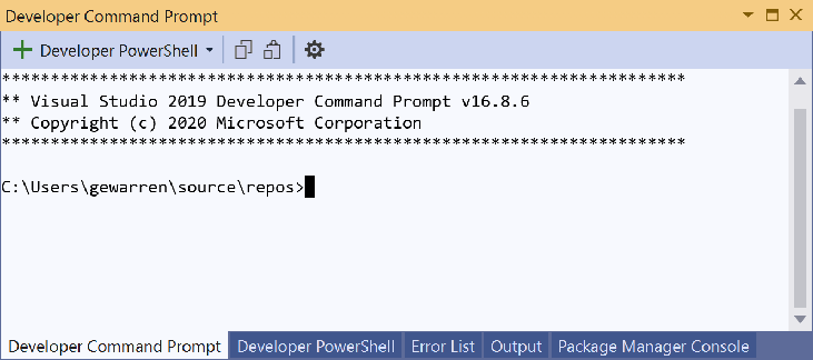 Screenshot del terminale di Visual Studio che mostra più schede.