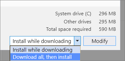 Screenshot delle opzioni di download e installazione nel programma di installazione di Visual Studio.