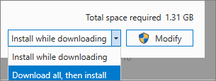 Screenshot delle opzioni di download e installazione nel programma di installazione di Visual Studio.