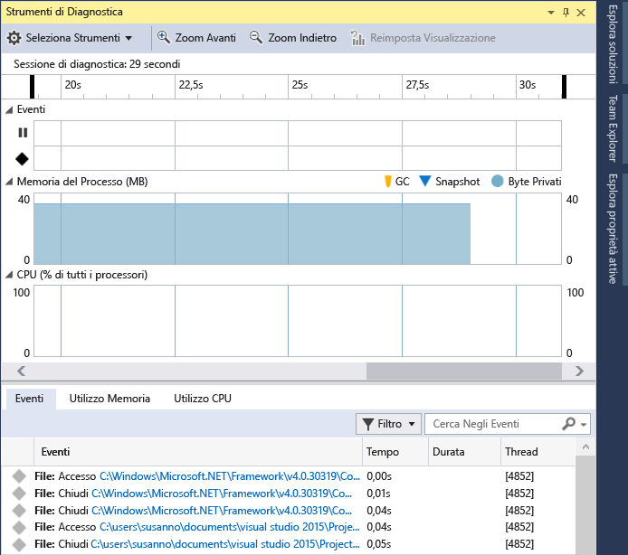 Screenshot della finestra Strumenti di diagnostica nel debugger di Visual Studio, che mostra la sequenza temporale degli eventi e i grafici per l'utilizzo della memoria e della CPU.