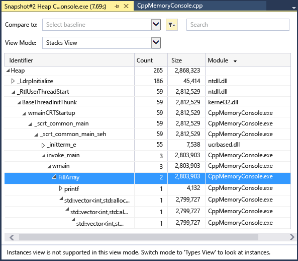 Screenshot della visualizzazione Stack.