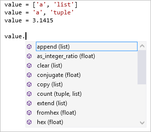 Screenshot che mostra il completamento dei membri in più tipi nell'editor di Visual Studio.