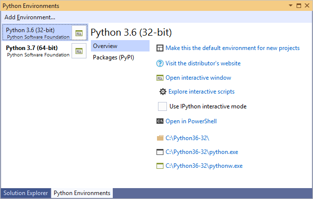 Python Environments window expanded view