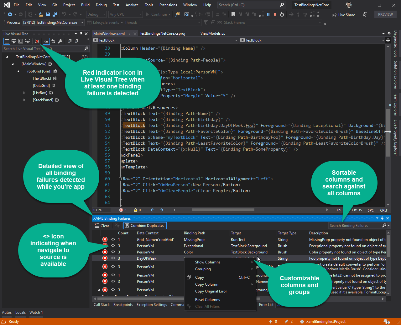 Finestra di errore di binding XAML e icona LVT