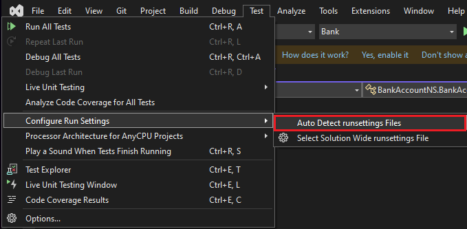 menu Rileva automaticamente il file runsettings in Visual Studio