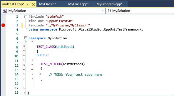 Screenshot della finestra Esplora test che mostra il file di codice unittest1.cpp contenente una classe e un metodo stub usando le macro TEST_CLASS e TEST_METHOD.