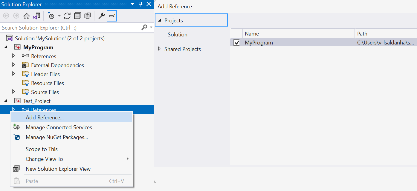 Screenshot mostra la finestra di dialogo Aggiungi riferimento in Visual Studio 2022.