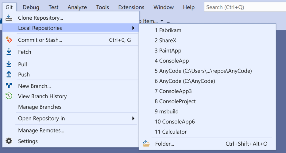 L'opzione Repository locali dal menu Git in Visual Studio 